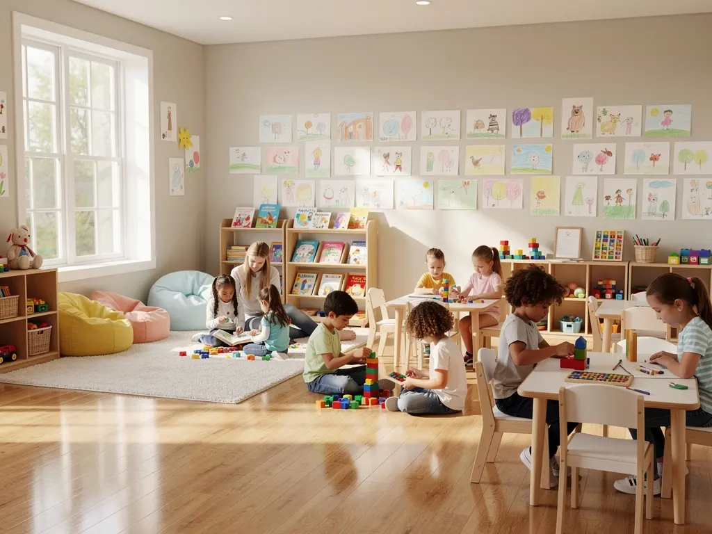 Children playing and learning together in a bright, colorful classroom