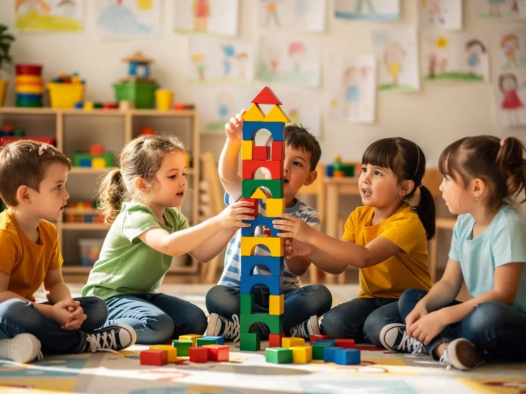 Kids building with colorful blocks