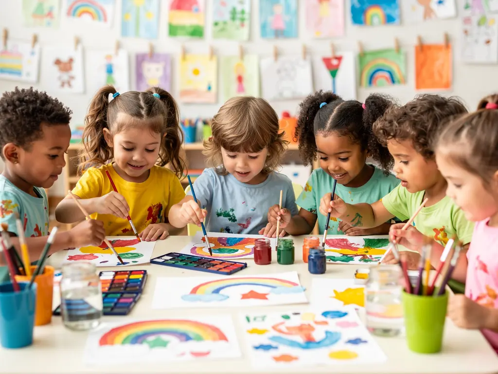 Children painting together at an art table
