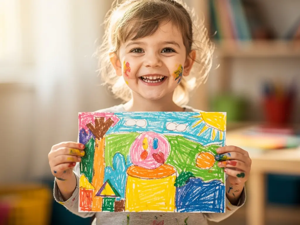 Happy child proudly showing off their colorful artwork at preschool